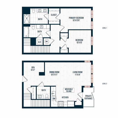 Floor plan for 2 beds, 2.5 baths, 1335 sqft